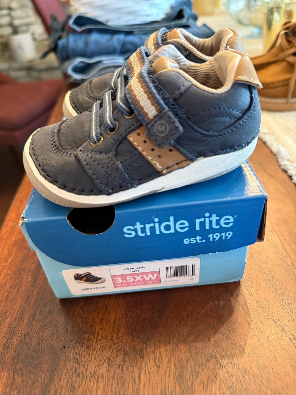 Stride Rite Navy and Tan Baby/Toddler Sneaker with Hook-and-Loop Strap